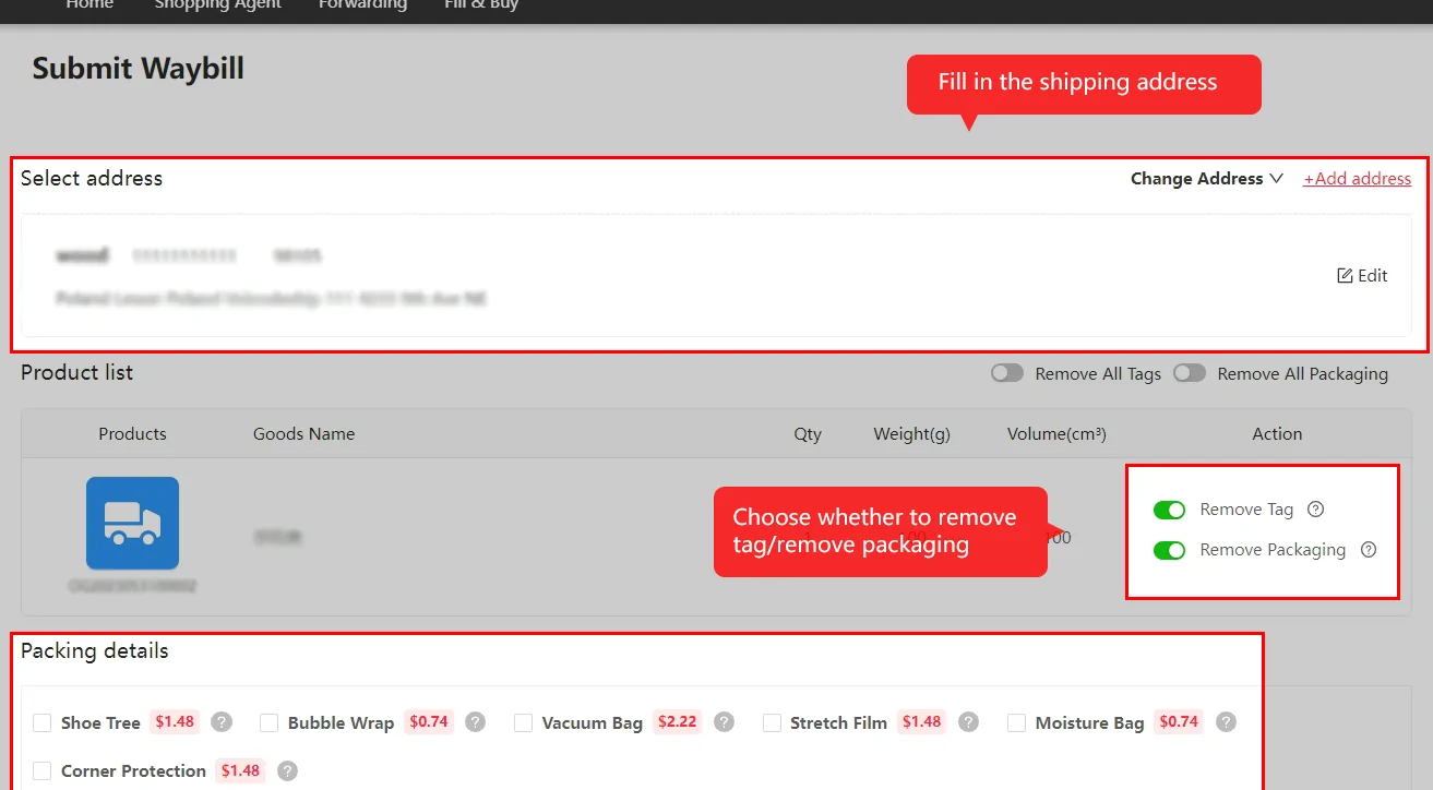 Écran Submit Waybill de Kakobuy avec le bloc Select address entouré en rouge