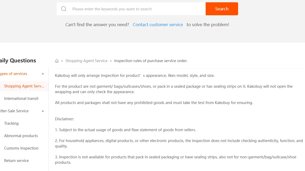 Article d'aide Kakobuy Inspection rules of purchase service order