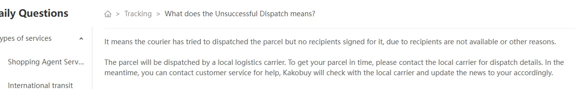 Article d'aide Kakobuy What does the Unsuccessful Dispatch means