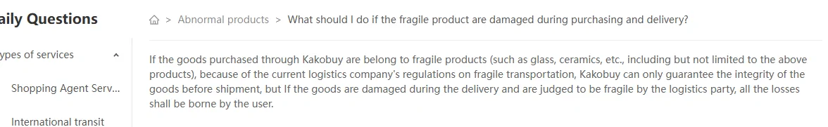 Article d'aide Kakobuy sur les produits fragiles endommagés pendant l'achat et la livraison