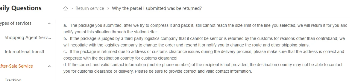 Article d'aide Kakobuy Why the parcel I submitted was be returned avec les motifs a à d