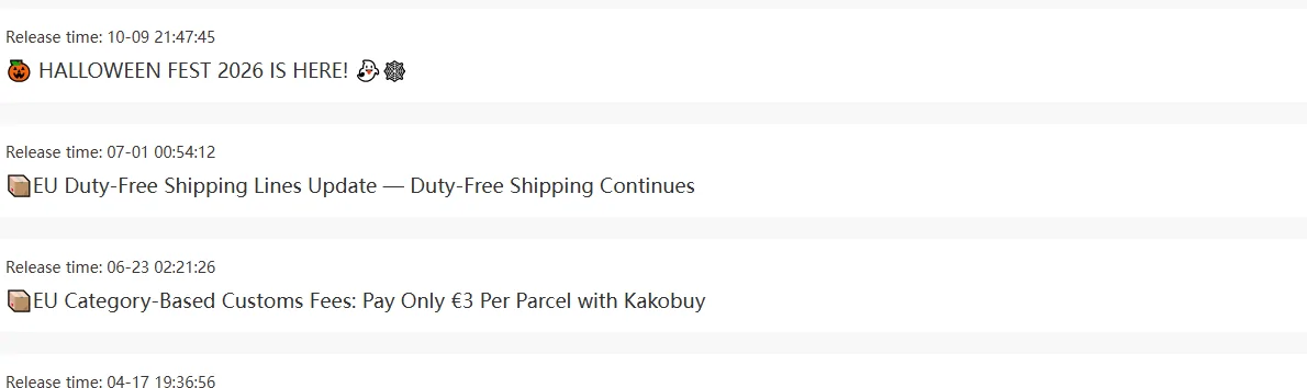 Trois annonces Kakobuy les plus récentes avec leur date de publication