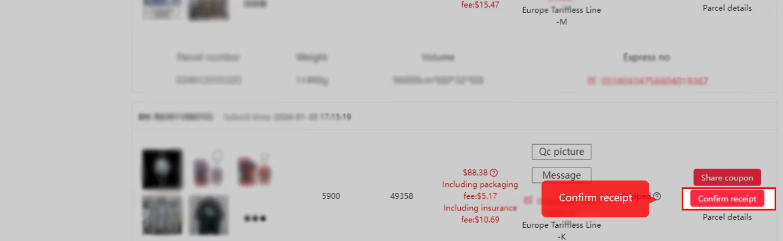 Liste des colis dans le compte Kakobuy avec le bouton Confirm receipt encadré