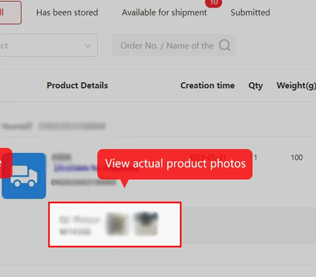 Centre utilisateur Kakobuy, onglet Warehouse, avec la mention View actual product photos