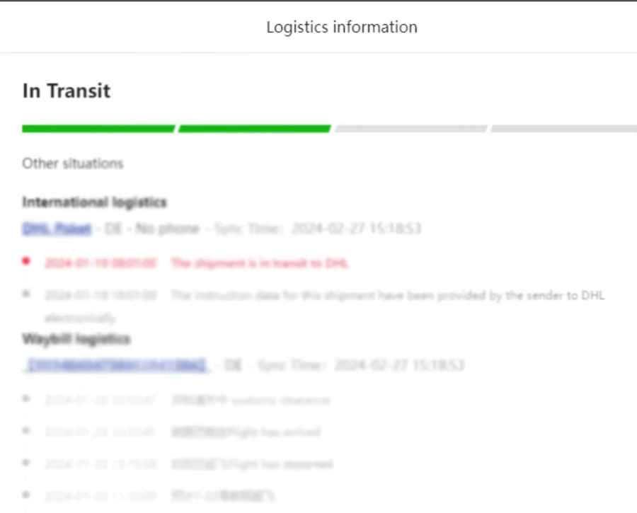 Fenêtre Logistics information de Kakobuy avec le suivi international DHL Paket et le suivi de bordereau
