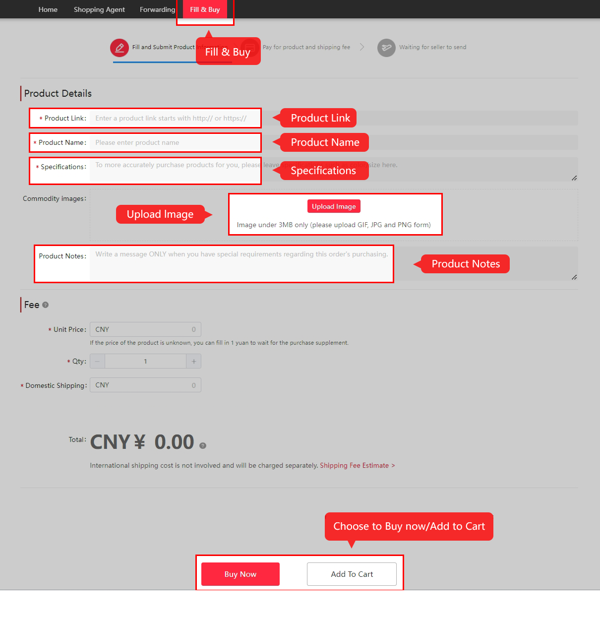 Formulaire Fill & Buy : lien, produit, variante, photo, prix et livraison intérieure.